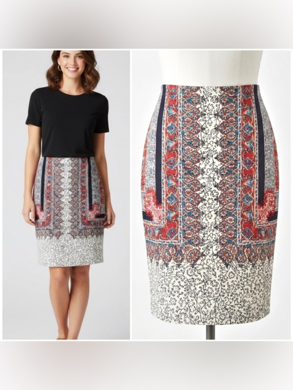 Lucky Brand Medallion Paisley Pencil Skirt Border Print Size M Boho Ethnic